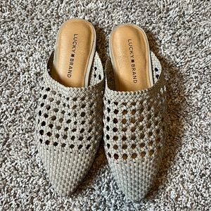 Lucky Brand taupe fabric mules